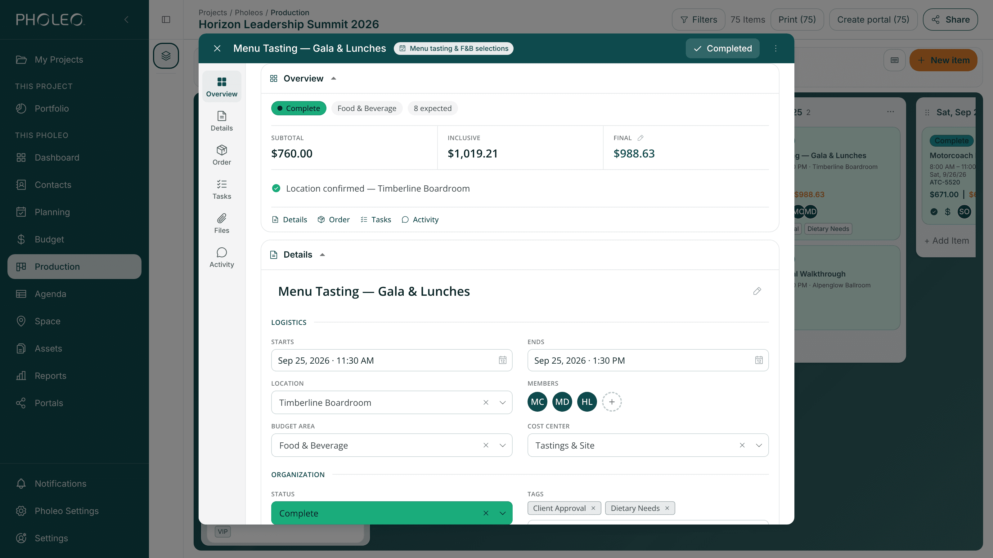 A function's detail panel: room, times, counts, products and services, attachments