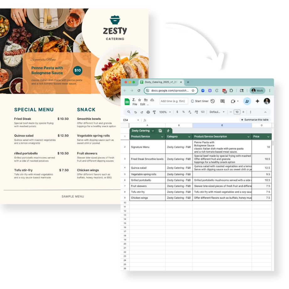 Pholeo menu PDF to spreadsheet AI tool